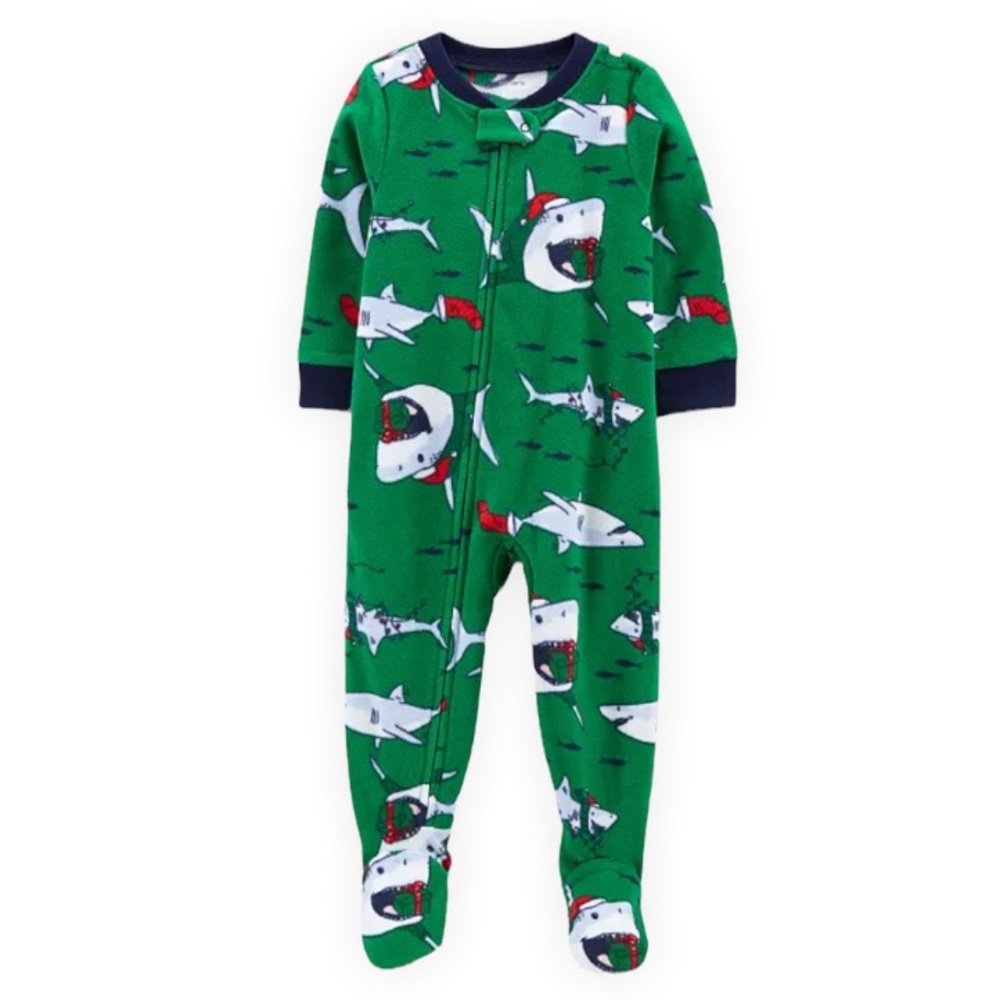 CARTER’S 1-Piece Green Christmas Shark Santa Holiday Fleece Footie PJs 12M - Picture 1 of 12